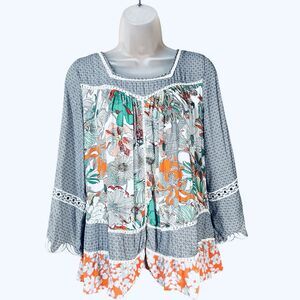 Anthropologie Esley Cottagecore Boho Prairie Crochet Trim Floral Blouse Sz Med